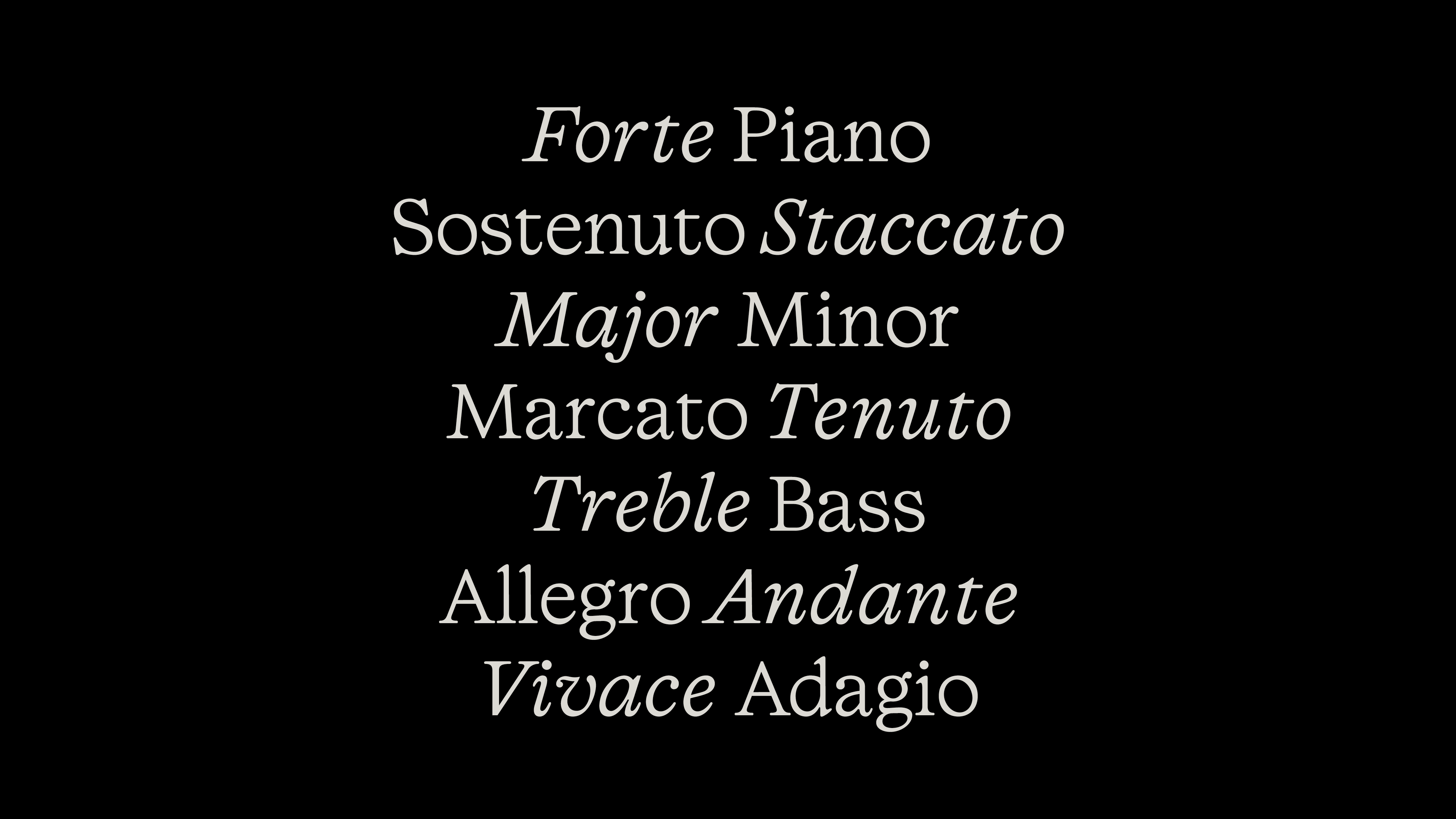 Different musical words set in Score regular and Score italic.
